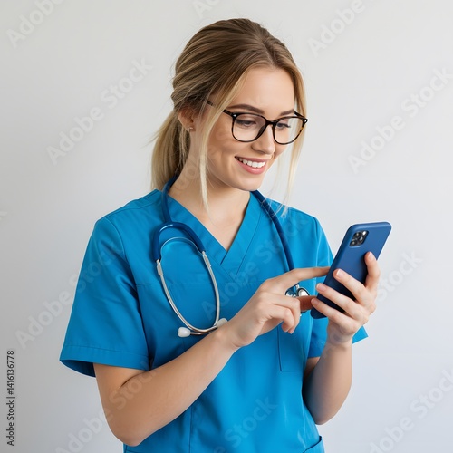 Smiling Female Doctor Using Smartphone Wearing Blue Scrubs