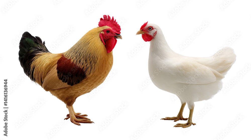 Fototapeta premium A white rooster and brown hen, domestic fowl from the farm, stand isolated showing their red and black feathers