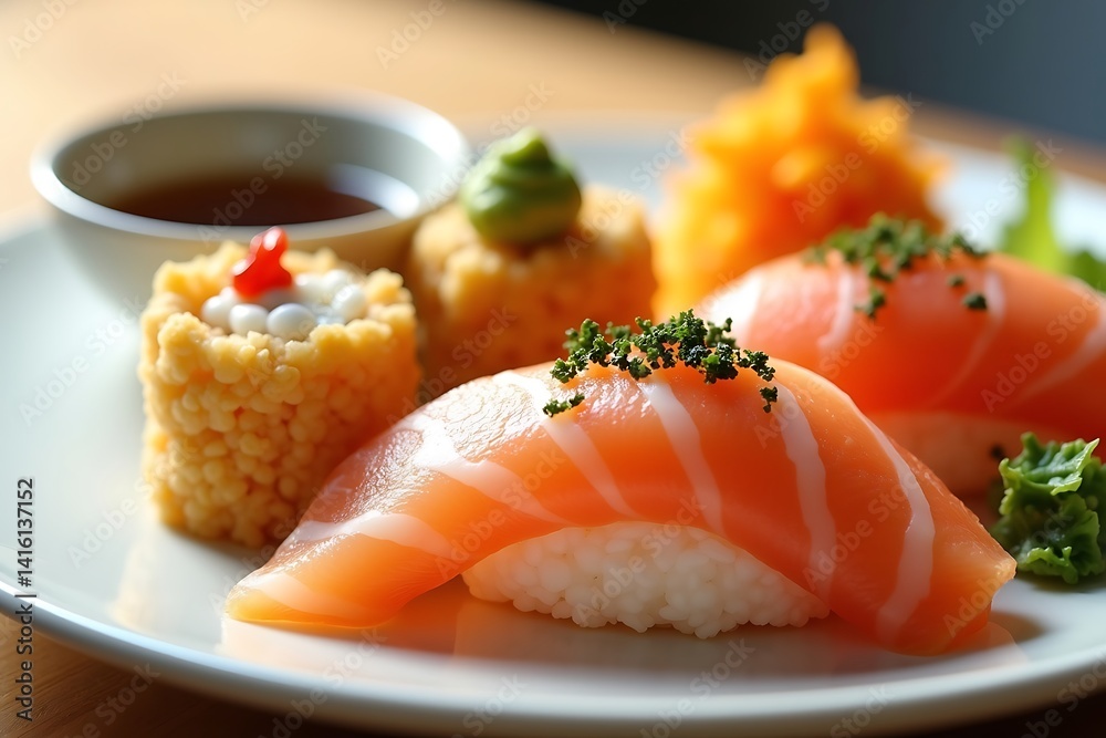 Variety Of Fresh Salmon Sushi Rolls And Nigiri Are Artistically Arranged On A White Plate With Green Garnish, Culinary experience, dining enjoyment Variety Of Fresh Salmon Sushi Rolls And Nigiri Are Artistically Arranged On A White Plate With Green Garnish, Culinary experience, dining enjoyment