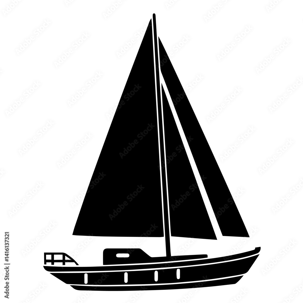 Silhouette of Single-Mast Sailboat with Triangular Sail and Small Cabin. Sailing, Adventure, Marine Exploration, Outdoor Recreation, Freedom Travel, Ocean Discovery, Nautical Lifestyle, Coastal Naviga Silhouette of Single-Mast Sailboat with Triangular Sail and Small Cabin. Sailing, Adventure, Marine Exploration, Outdoor Recreation, Freedom Travel, Ocean Discovery, Nautical Lifestyle, Coastal Naviga