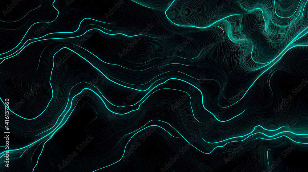 Fototapeta premium Abstract Neon Waves: A mesmerizing visual symphony of turquoise neon waves dancing across a stark black canvas, exuding a futuristic and dynamic energy.