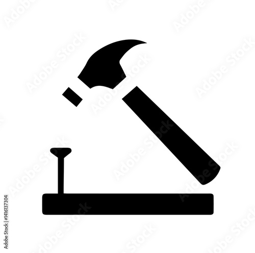 Silhouette of Hammer Driving Nail into Surface – Construction Tool Icon, Manual Work Symbol, DIY Repair Concept, Hardware Utility, Labor and Craftsmanship Representation for Design and Branding


