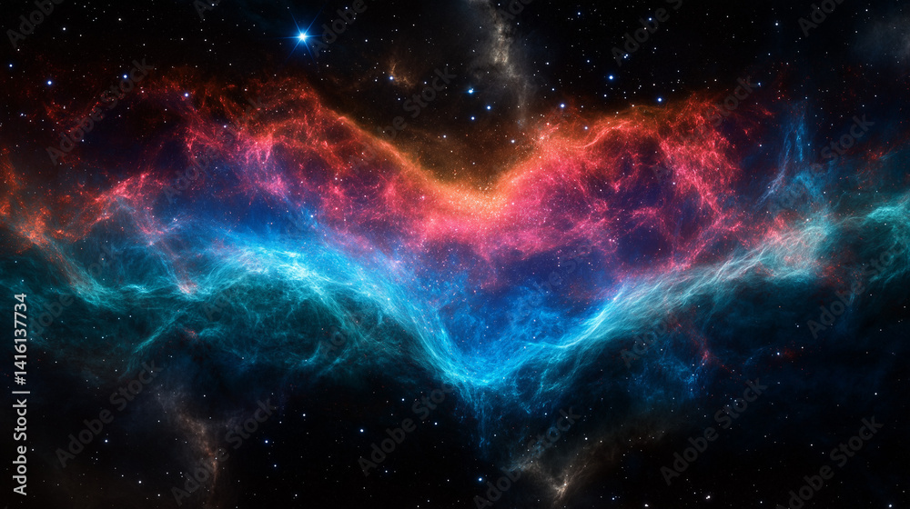 Obraz premium Nebula's Celestial Symphony: A mesmerizing cosmic vista unfolds, revealing vibrant hues of blue, orange, and red amidst a star-studded night sky.
