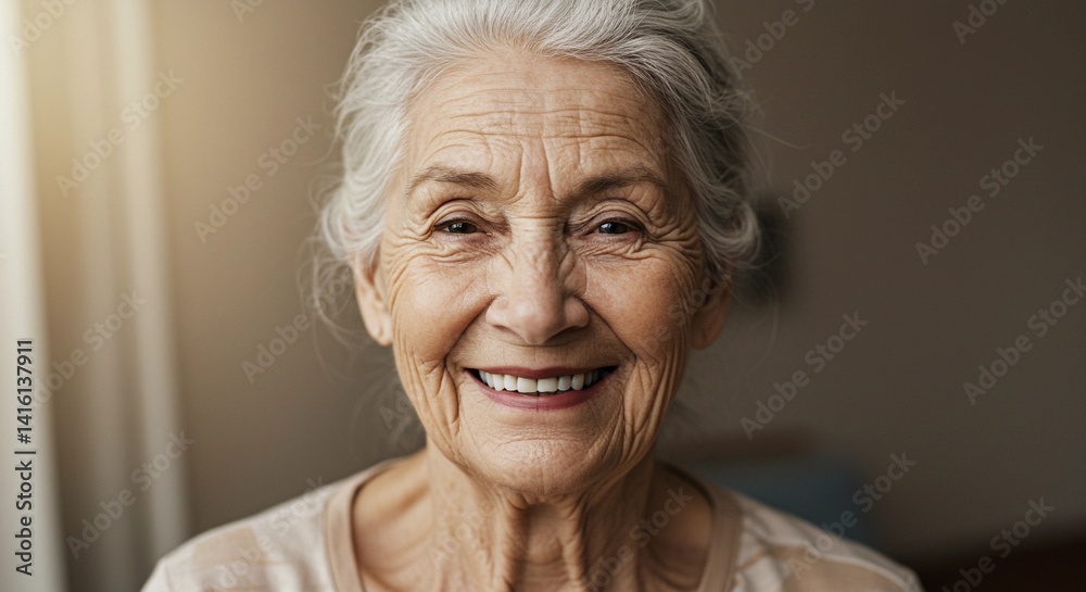 Close up portrait of a smiling older woman with white hair and wrinkles looking at the camera
