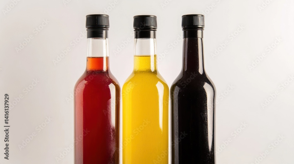 Three Bottles of Different Colored Liquids Against a White Background Three Bottles of Different Colored Liquids Against a White Background
