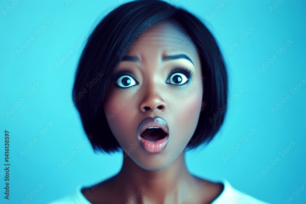 Commercial ad campaign creative art. Attractive very astonished black girl - for ads, poster and digital use. Short hairdo - highlighted hair. Stylish black woman portraiture. Black model. Commercial ad campaign creative art. Attractive very astonished black girl - for ads, poster and digital use. Short hairdo - highlighted hair. Stylish black woman portraiture. Black model.