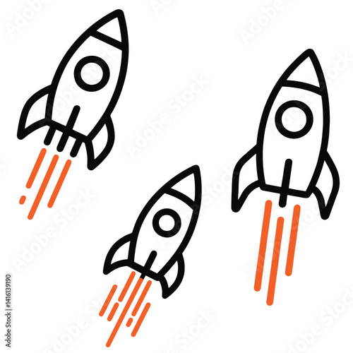 clean flat style rocket icon illustration showing three rockets with orange flame trails