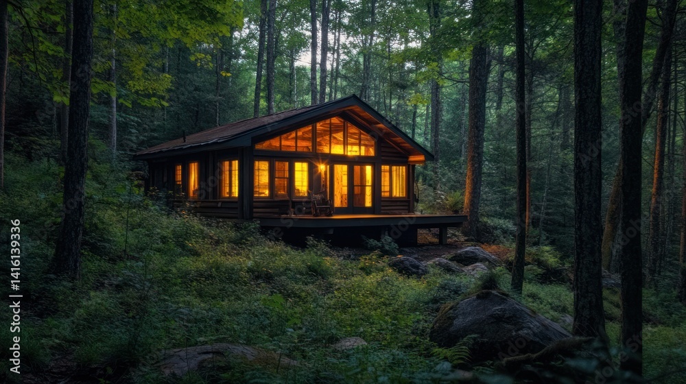 A Cozy Illuminated Cabin Situated Within A Dense Forest Setting A Cozy Illuminated Cabin Situated Within A Dense Forest Setting