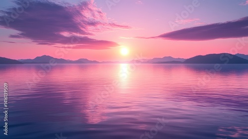 Sunrise illuminates still water, reflecting violet hues across the landscape. Mountains on the horizon