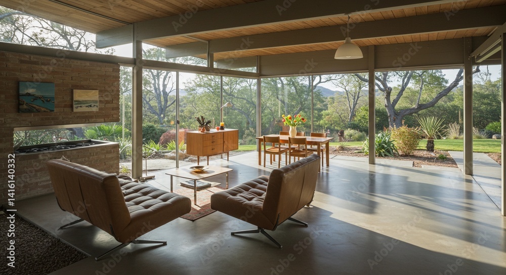 Fototapeta premium Living room with large windows overlooking a garden and furniture in a modern style home design