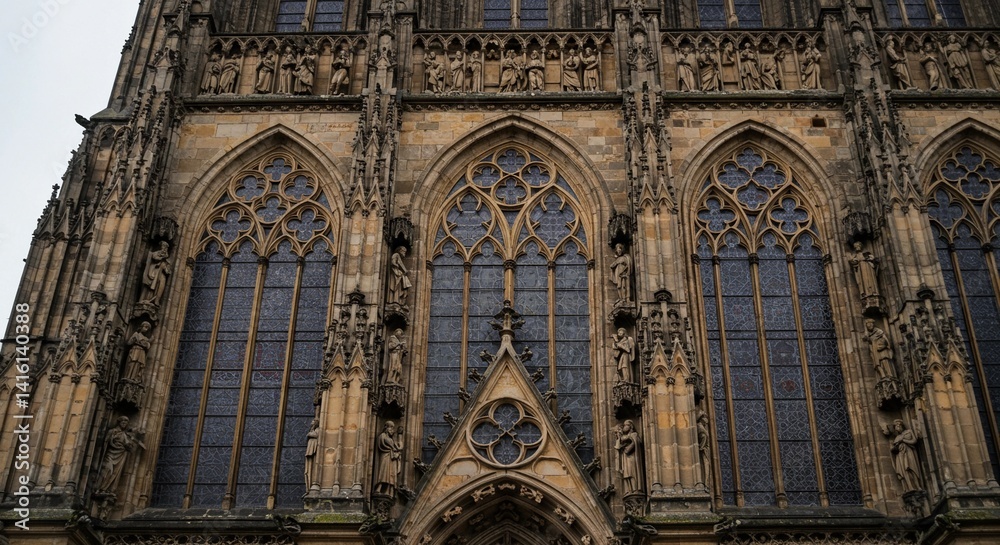 Ornate gothic architecture featuring arched windows and detailed stone carvings on a cathedral facade Ornate gothic architecture featuring arched windows and detailed stone carvings on a cathedral facade