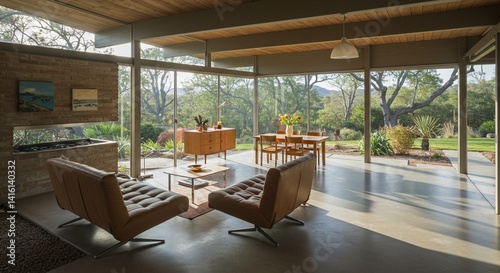 Living room with large windows overlooking a garden and furniture in a modern style home design