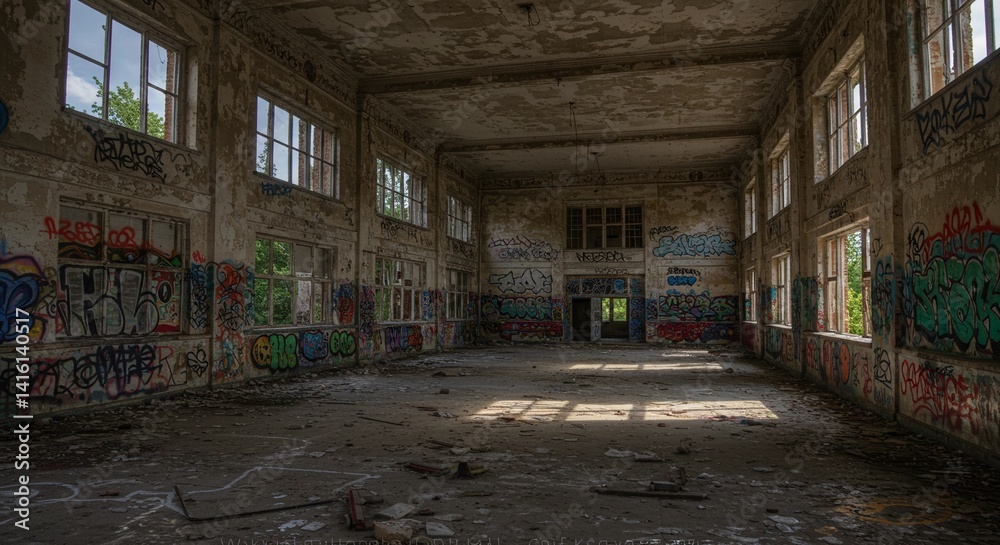 Interior view of abandoned building with graffiti covered walls and many windows letting light in Interior view of abandoned building with graffiti covered walls and many windows letting light in
