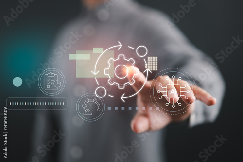 Touching automation icons for AI-powered workflow and process optimization.
