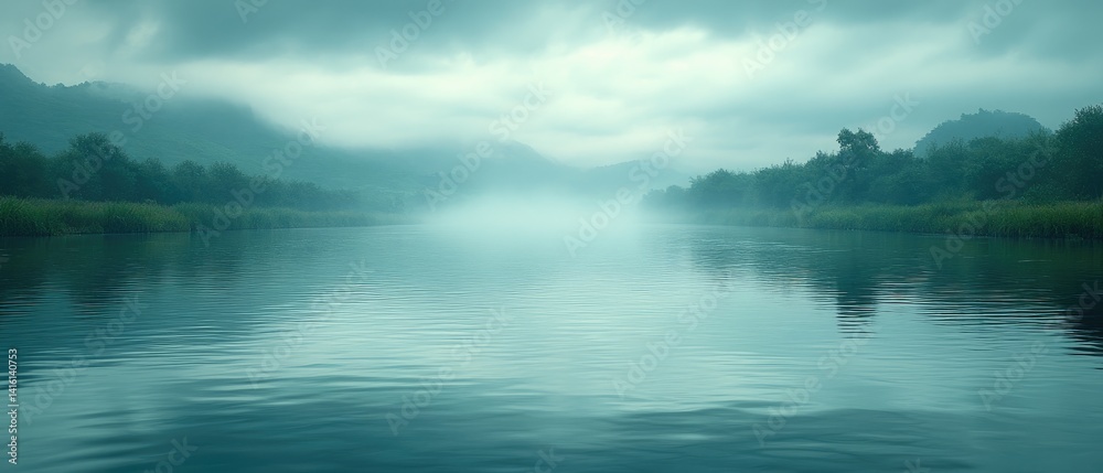 Fototapeta premium A tranquil river flows through a misty landscape, with trees and hills shrouded in a soft, ethereal light