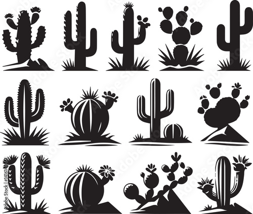 cactus set illustration, cactus set clipart, cactus set silhouette vector black and white