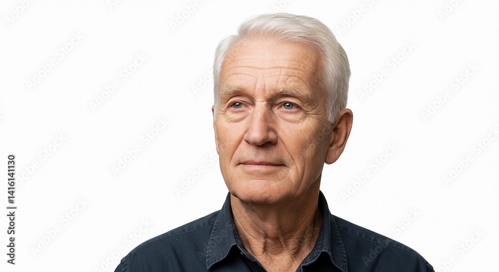 Close up portrait of a mature man with white hair looking to the side on a white background space Close up portrait of a mature man with white hair looking to the side on a white background space