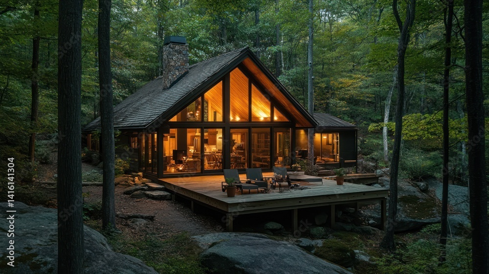 A modern illuminated cabin surrounded by lush green forest and rocks A modern illuminated cabin surrounded by lush green forest and rocks