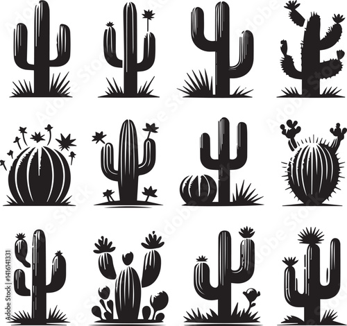 cactus set illustration, cactus set clipart, cactus set silhouette vector black and white