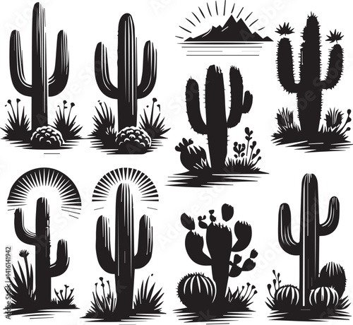 cactus set illustration, cactus set clipart, cactus set silhouette vector black and white
