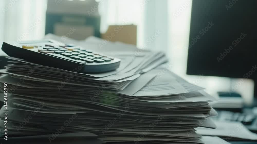 Close-up of a Calculator on a Large Stack of Financial Paperwork in an Office Setting Close-up of a Calculator on a Large Stack of Financial Paperwork in an Office Setting