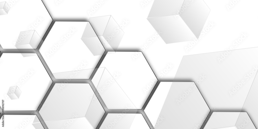 Abstract gray gradient hexagon on white background with soft light glitter. Vector illustration. A futuristic abstract white background with a pattern of hexagons.  Minimalist modern graphic design.