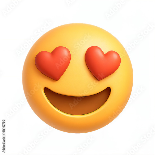 3D model yellow smiley face emoji with eyes shaped like red hearts and a wide, open smile. Realistic 4K, upscale, high resolution no background image.
