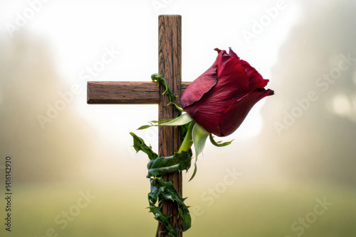rosa enredada en una cruz de madera 