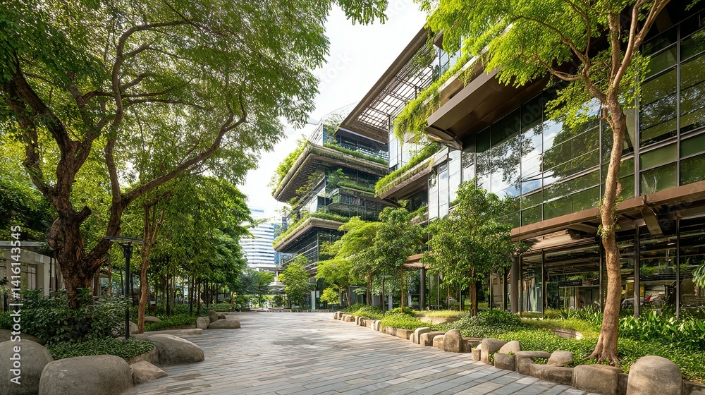 Lush green landscaped commercial complex with modern architecture. Lush green landscaped commercial complex with modern architecture.