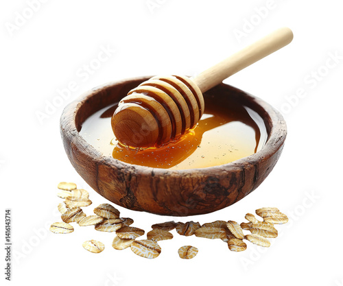 Natural Honey with Wooden Dipper in Bowl Over Oats on Transparent Background