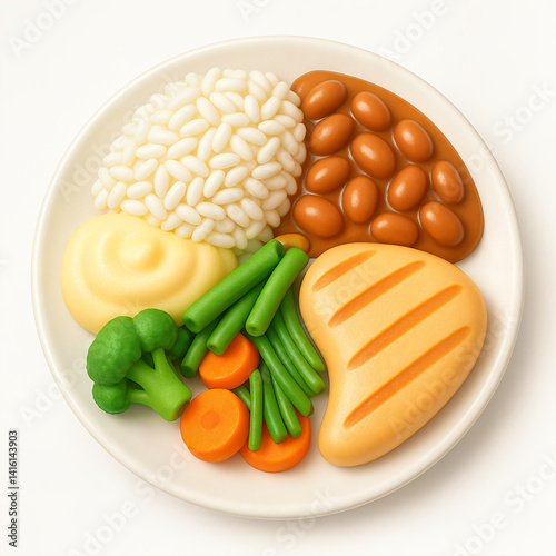 Beautiful plate of traditional Brazilian food, containing beans, rice, grilled chicken, mashed potatoes, broccoli, carrots and green beans.
