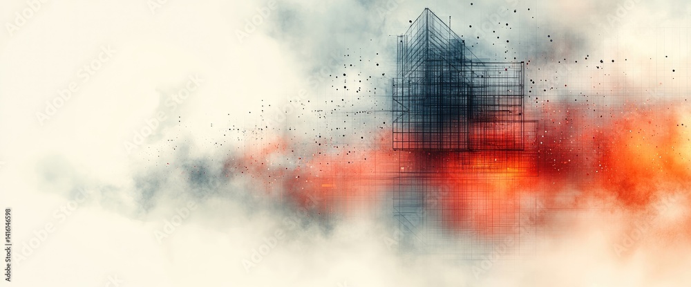 Obraz premium An abstract, modern skyscraper with a geometric design and surrounding hazy, colorful smoke effects