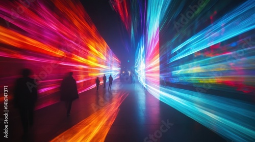 Vibrant light trails illuminate a corridor as silhouettes walk through