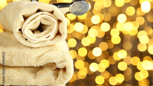 Soft spa towels arranged beneath a showerhead with glimmering bokeh lights