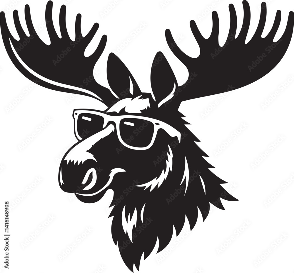 Obraz premium moose Logo head with sunglass illustration, moose Logo clipart, moose logo head silhouette vector black and white