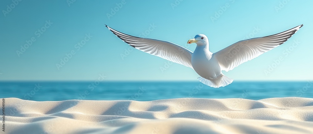 Obraz premium Seagull soars over white sand beach with blue sea & sky beyond. Serene coastal vista
