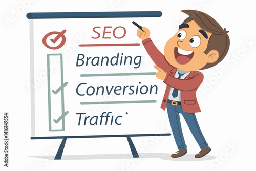 Cartoon business character presenting a marketing strategy on a whiteboard. Includes keywords like SEO, branding, conversion. Flat design style, ideal for digital marketing or training visuals