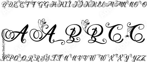 A to Z uppercase letters with unique Halloween-themed elements like ghosts and Spiders. Fun spooky vector font for posters, invites, kids’ art, and seasonal graphics.