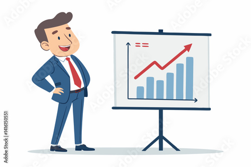 Vector cartoon of a confident businessman in a blue suit presenting a growing bar chart on a whiteboard. Flat design style, clean and modern look. Ideal for business, marketing, finance, and corporate