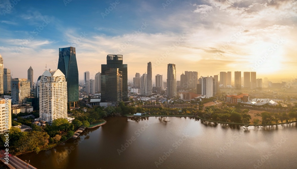 Fototapeta premium Urban Sunrise Over Lake Serenity Bangkok ideal for architectural digest feature spreads