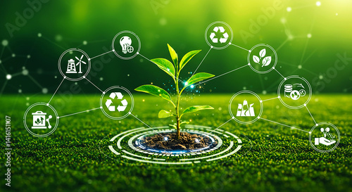 A seedling growing on grass surrounded by green energy and sustainability related icons connected by lines selling, purchase, agreement, $ marketing, ads, ai, man, treding,