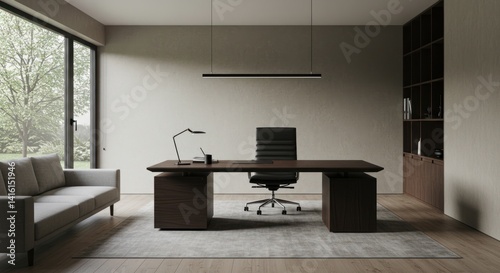 Modern office interior with desk chair sofa and large window with outdoor view.