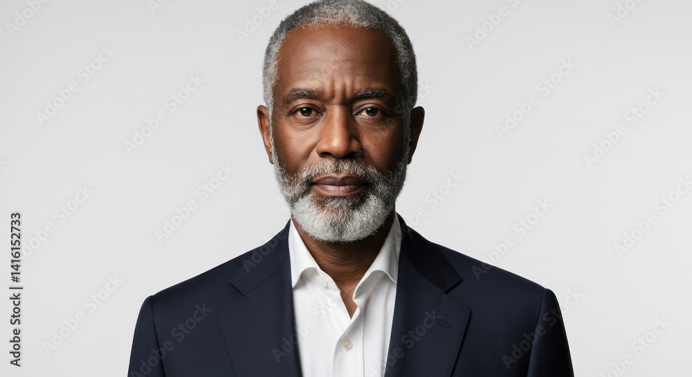 Portrait of a mature man with gray beard wearing a suit against white backdrop. Portrait of a mature man with gray beard wearing a suit against white backdrop.