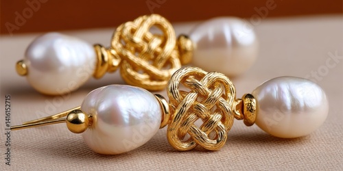 Elegant gold-toned earrings with delicate knotwork design and lustrous white pearls