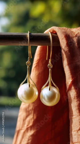 Elegant gold earrings with large, light beige pearls against a backdrop of a peach-colored silk scarf