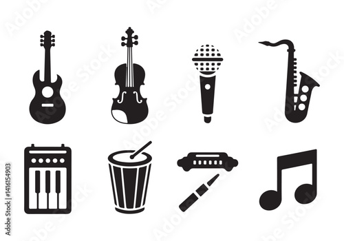 Music Instruments Icons - Vector Set Featuring Guitar, Violin, Drum, and More