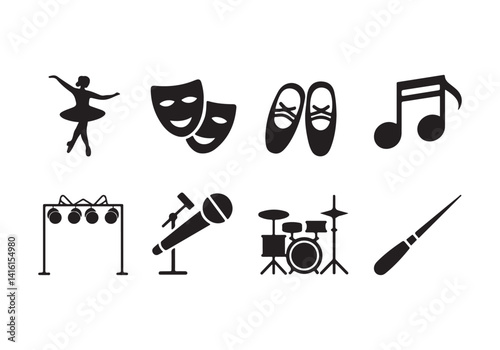 Performing Arts Music Icons - Vector Set Featuring Dance, Theatre, and Musical Instruments