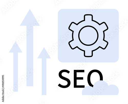 Gear icon representing tools, upward arrows for growth metrics, SEO text, cloud for digital concept. Ideal for marketing, digital strategy, business analysis, data trends, online growth optimization