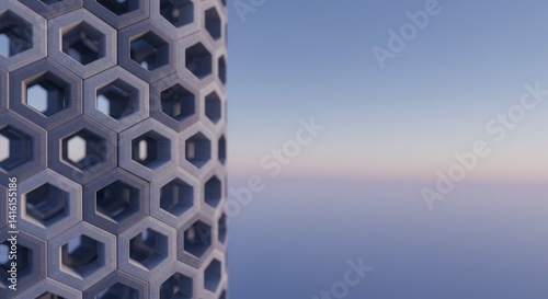 Abstract Hexagonal Structure Design: Architectural 3D Render of Geometric Concrete Pattern against a Serene Twilight Sky