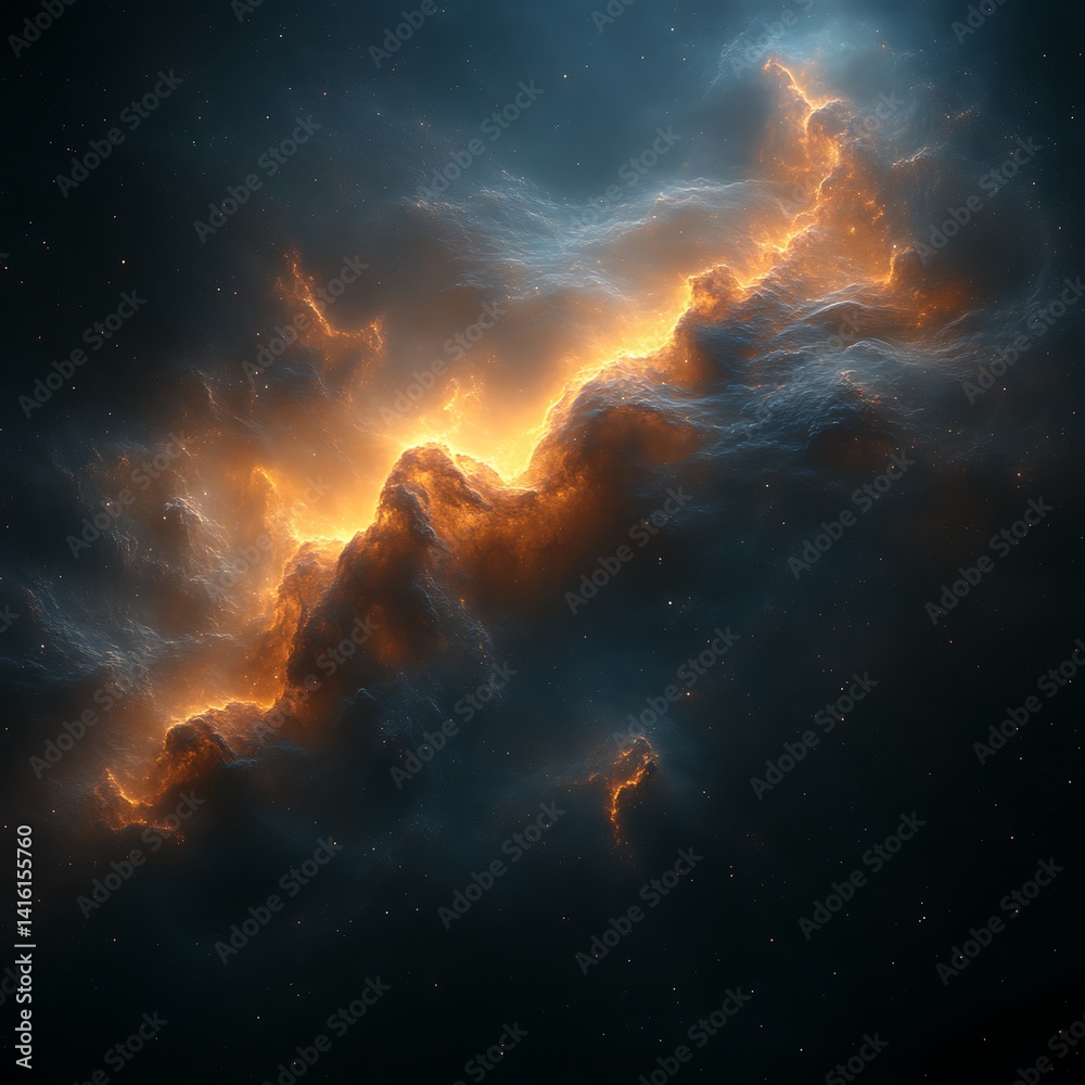 Naklejka premium Glowing orange nebula in dark space, cosmic clouds